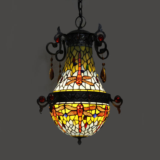 Stained Glass Dragonfly Pendant Light Fixture Mediterranean 1 Light Red Suspension Lighting Clearhalo 'Ceiling Lights' 'Industrial' 'Middle Century Pendants' 'Pendant Lights' 'Pendants' 'Tiffany close to ceiling' 'Tiffany Pendants' 'Tiffany' Lighting' 297340