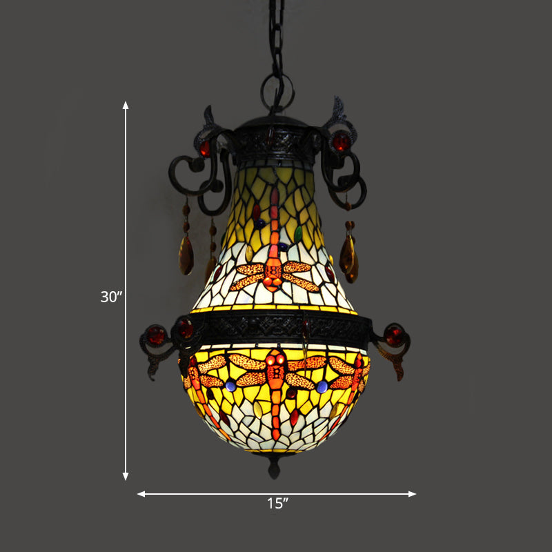 Stained Glass Dragonfly Pendant Light Fixture Mediterranean 1 Light Red Suspension Lighting Clearhalo 'Ceiling Lights' 'Industrial' 'Middle Century Pendants' 'Pendant Lights' 'Pendants' 'Tiffany close to ceiling' 'Tiffany Pendants' 'Tiffany' Lighting' 297341
