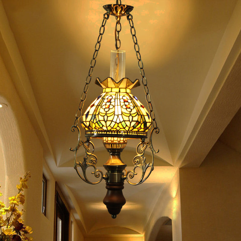 Green Blossom Hanging Ceiling Light Mediterranean 1 Light Stained Art Glass Suspension Pendant Clearhalo 'Ceiling Lights' 'Industrial' 'Middle Century Pendants' 'Pendant Lights' 'Pendants' 'Tiffany close to ceiling' 'Tiffany Pendants' 'Tiffany' Lighting' 297343