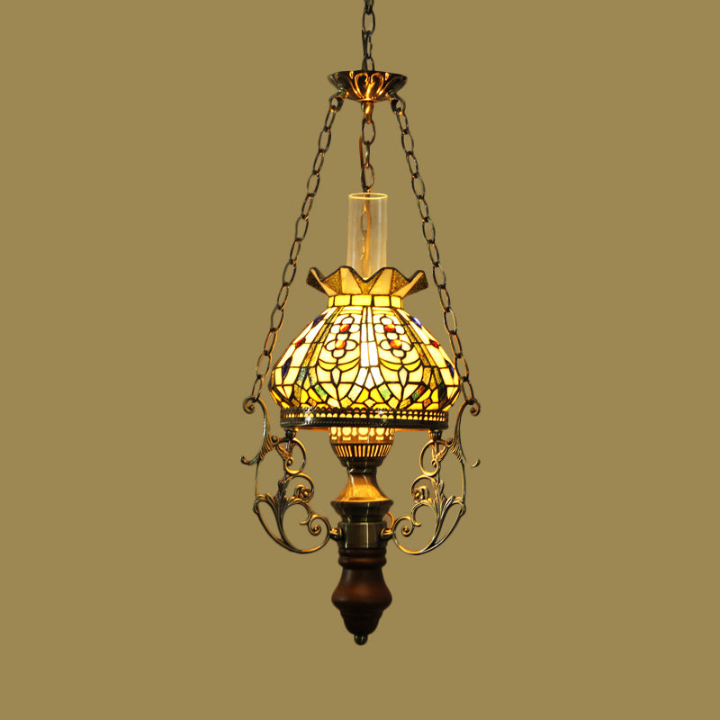Green Blossom Hanging Ceiling Light Mediterranean 1 Light Stained Art Glass Suspension Pendant Clearhalo 'Ceiling Lights' 'Industrial' 'Middle Century Pendants' 'Pendant Lights' 'Pendants' 'Tiffany close to ceiling' 'Tiffany Pendants' 'Tiffany' Lighting' 297344