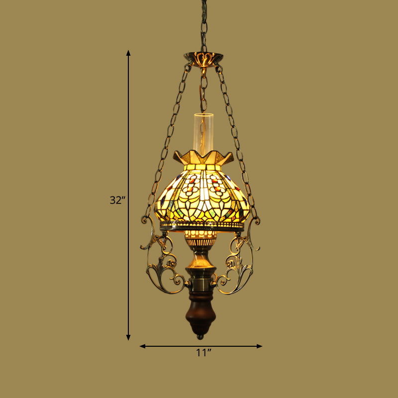 Green Blossom Hanging Ceiling Light Mediterranean 1 Light Stained Art Glass Suspension Pendant Clearhalo 'Ceiling Lights' 'Industrial' 'Middle Century Pendants' 'Pendant Lights' 'Pendants' 'Tiffany close to ceiling' 'Tiffany Pendants' 'Tiffany' Lighting' 297345