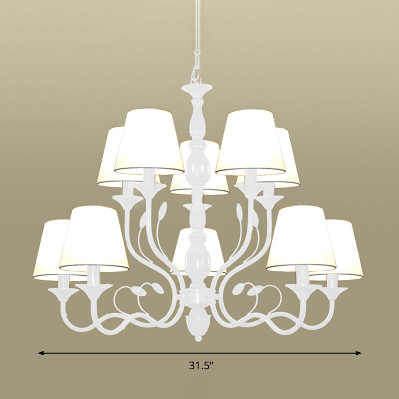 White Tapered Chandelier Lamp Traditionary Fabric 10/12/16 Bulbs Bedroom Pendant Light Fixture with Curved Metal Arm Clearhalo 'Ceiling Lights' 'Chandeliers' Lighting' options 297352