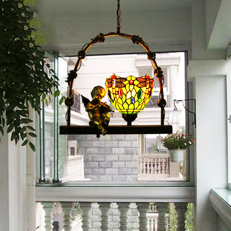 Bowl Stained Glass Pendant Lighting Fixture Mediterranean 1 Light Red/Green Ceiling Light with Angel Deco Red Clearhalo 'Ceiling Lights' 'Industrial' 'Middle Century Pendants' 'Pendant Lights' 'Pendants' 'Tiffany close to ceiling' 'Tiffany Pendants' 'Tiffany' Lighting' 297359