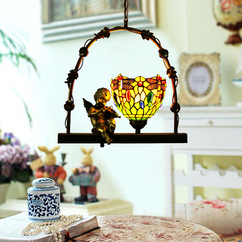 Bowl Stained Glass Pendant Lighting Fixture Mediterranean 1 Light Red/Green Ceiling Light with Angel Deco Clearhalo 'Ceiling Lights' 'Industrial' 'Middle Century Pendants' 'Pendant Lights' 'Pendants' 'Tiffany close to ceiling' 'Tiffany Pendants' 'Tiffany' Lighting' 297360