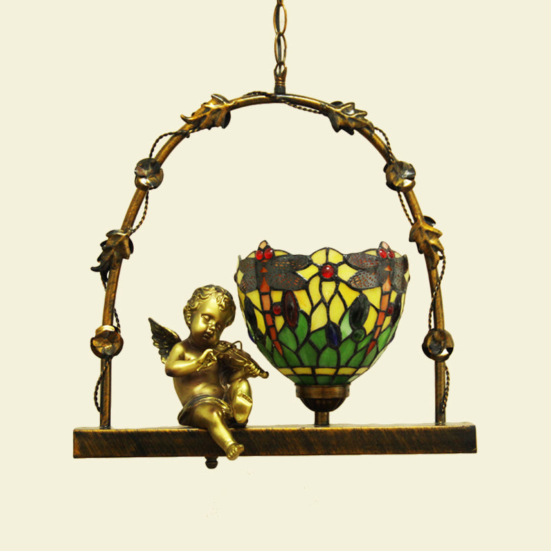 Bowl Stained Glass Pendant Lighting Fixture Mediterranean 1 Light Red/Green Ceiling Light with Angel Deco Clearhalo 'Ceiling Lights' 'Industrial' 'Middle Century Pendants' 'Pendant Lights' 'Pendants' 'Tiffany close to ceiling' 'Tiffany Pendants' 'Tiffany' Lighting' 297361