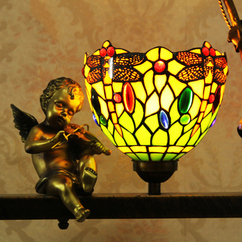 Bowl Stained Glass Pendant Lighting Fixture Mediterranean 1 Light Red/Green Ceiling Light with Angel Deco Clearhalo 'Ceiling Lights' 'Industrial' 'Middle Century Pendants' 'Pendant Lights' 'Pendants' 'Tiffany close to ceiling' 'Tiffany Pendants' 'Tiffany' Lighting' 297363