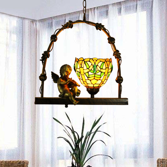 Bowl Stained Glass Pendant Lighting Fixture Mediterranean 1 Light Red/Green Ceiling Light with Angel Deco
