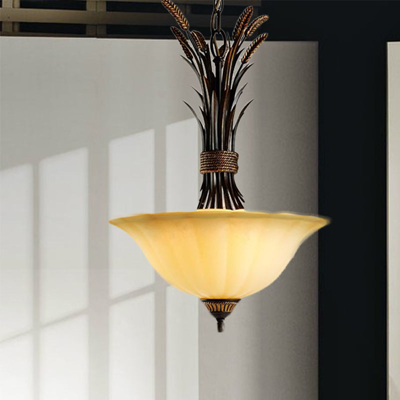 3 Heads Chandelier Pendant Lighting Traditional Wide Flare Beige Frosted Glass Ceiling Suspension Lamp in Black Clearhalo 'Ceiling Lights' 'Chandeliers' 'Close To Ceiling Lights' 'Glass shade' 'Glass' Lighting' 297369