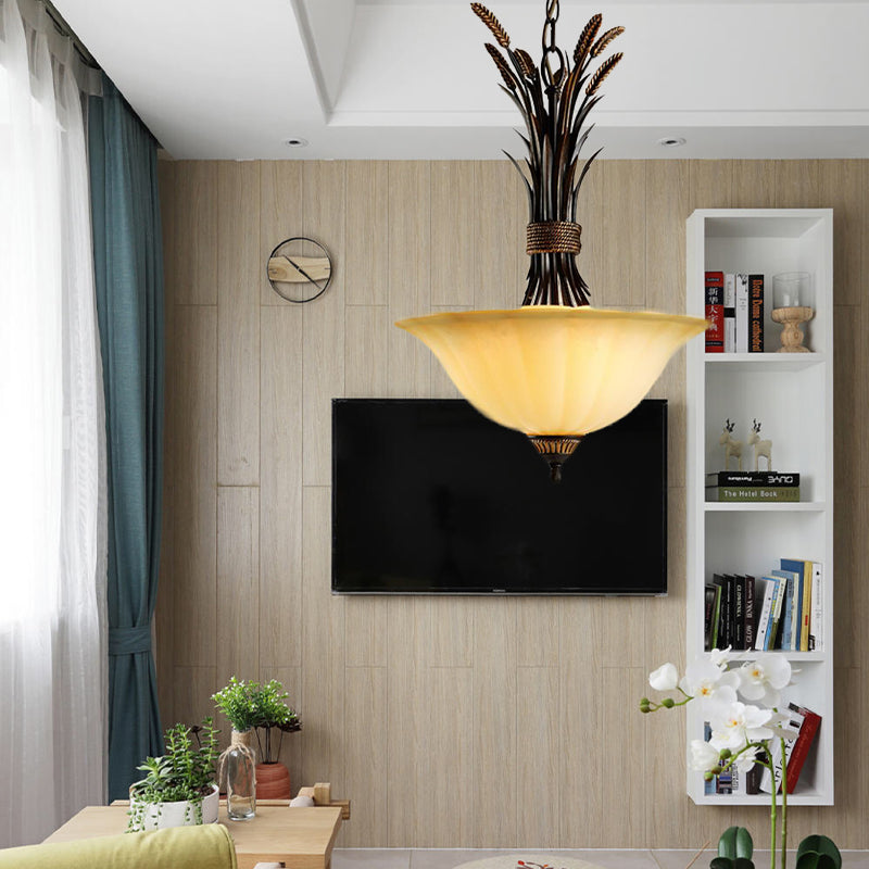 3 Heads Chandelier Pendant Lighting Traditional Wide Flare Beige Frosted Glass Ceiling Suspension Lamp in Black Clearhalo 'Ceiling Lights' 'Chandeliers' 'Close To Ceiling Lights' 'Glass shade' 'Glass' Lighting' 297370