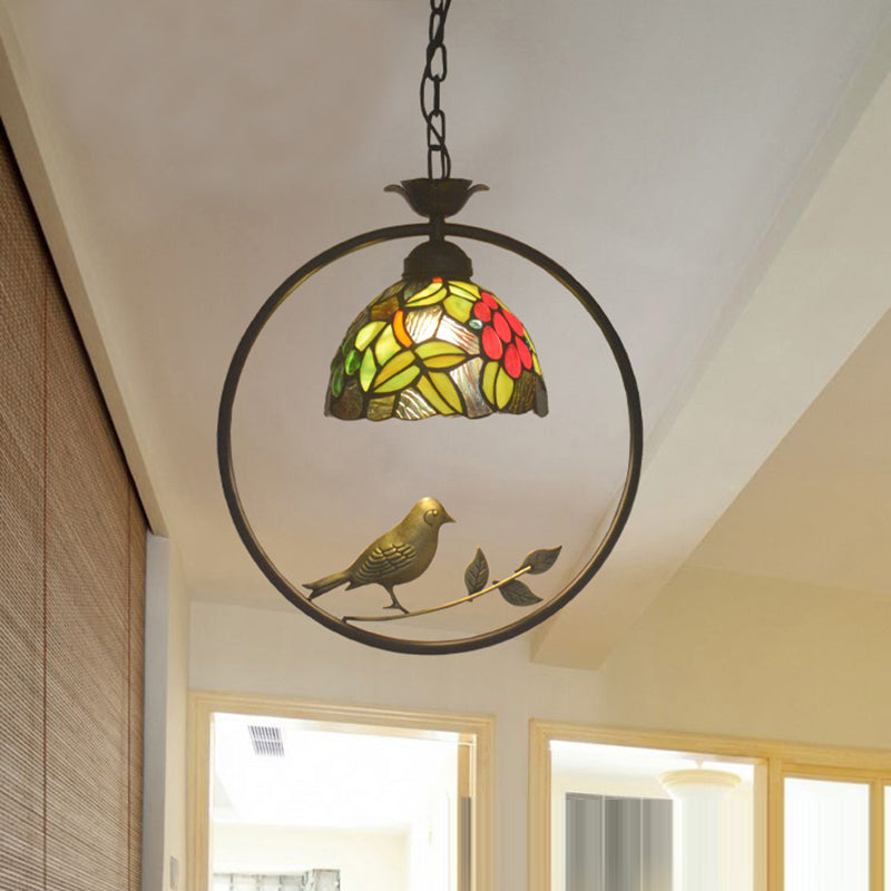 Dome Hanging Lamp Kit 1 Light Cut Glass Tiffany Ceiling Suspension Lamp in Pink/Yellow for Dining Room with Bird Deco Clearhalo 'Ceiling Lights' 'Industrial' 'Middle Century Pendants' 'Pendant Lights' 'Pendants' 'Tiffany close to ceiling' 'Tiffany Pendants' 'Tiffany' Lighting' 297385