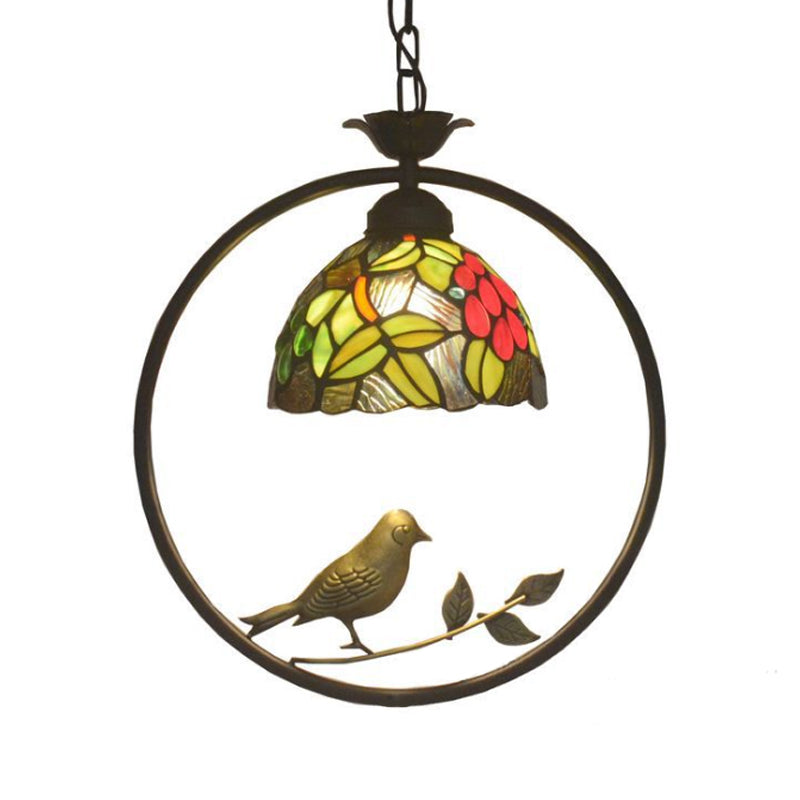 Dome Hanging Lamp Kit 1 Light Cut Glass Tiffany Ceiling Suspension Lamp in Pink/Yellow for Dining Room with Bird Deco Clearhalo 'Ceiling Lights' 'Industrial' 'Middle Century Pendants' 'Pendant Lights' 'Pendants' 'Tiffany close to ceiling' 'Tiffany Pendants' 'Tiffany' Lighting' 297386