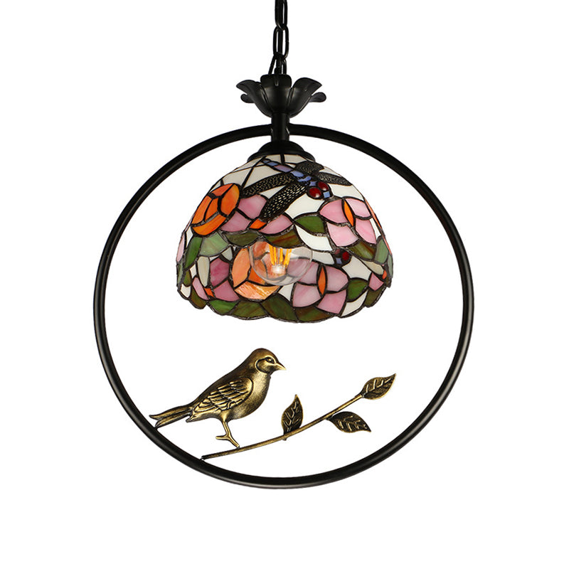 Dome Hanging Lamp Kit 1 Light Cut Glass Tiffany Ceiling Suspension Lamp in Pink/Yellow for Dining Room with Bird Deco Pink Clearhalo 'Ceiling Lights' 'Industrial' 'Middle Century Pendants' 'Pendant Lights' 'Pendants' 'Tiffany close to ceiling' 'Tiffany Pendants' 'Tiffany' Lighting' 297389