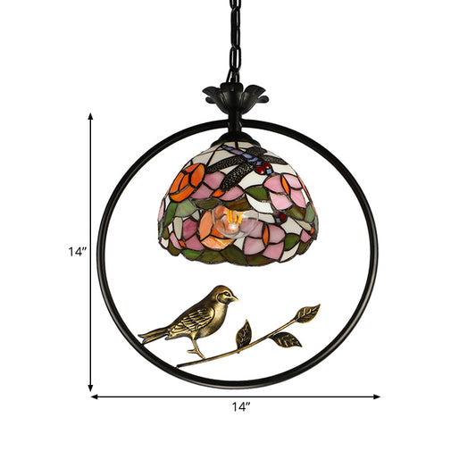 Dome Hanging Lamp Kit 1 Light Cut Glass Tiffany Ceiling Suspension Lamp in Pink/Yellow for Dining Room with Bird Deco