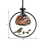 Dome Hanging Lamp Kit 1 Light Cut Glass Tiffany Ceiling Suspension Lamp in Pink/Yellow for Dining Room with Bird Deco Clearhalo 'Ceiling Lights' 'Industrial' 'Middle Century Pendants' 'Pendant Lights' 'Pendants' 'Tiffany close to ceiling' 'Tiffany Pendants' 'Tiffany' Lighting' 297390