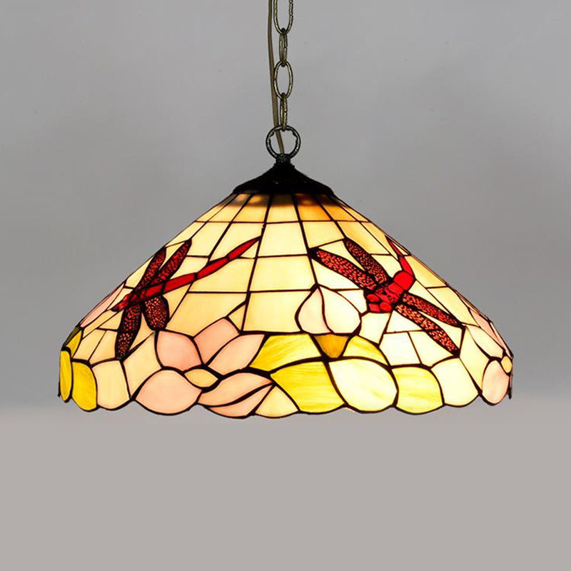 Flower/Cone Hanging Light Fixture 1 Light Stained Glass Mediterranean Pendant Lamp in Black Clearhalo 'Ceiling Lights' 'Close To Ceiling Lights' 'Industrial' 'Middle Century Pendants' 'Pendant Lights' 'Pendants' 'Tiffany close to ceiling' 'Tiffany Pendants' 'Tiffany' Lighting' 297438