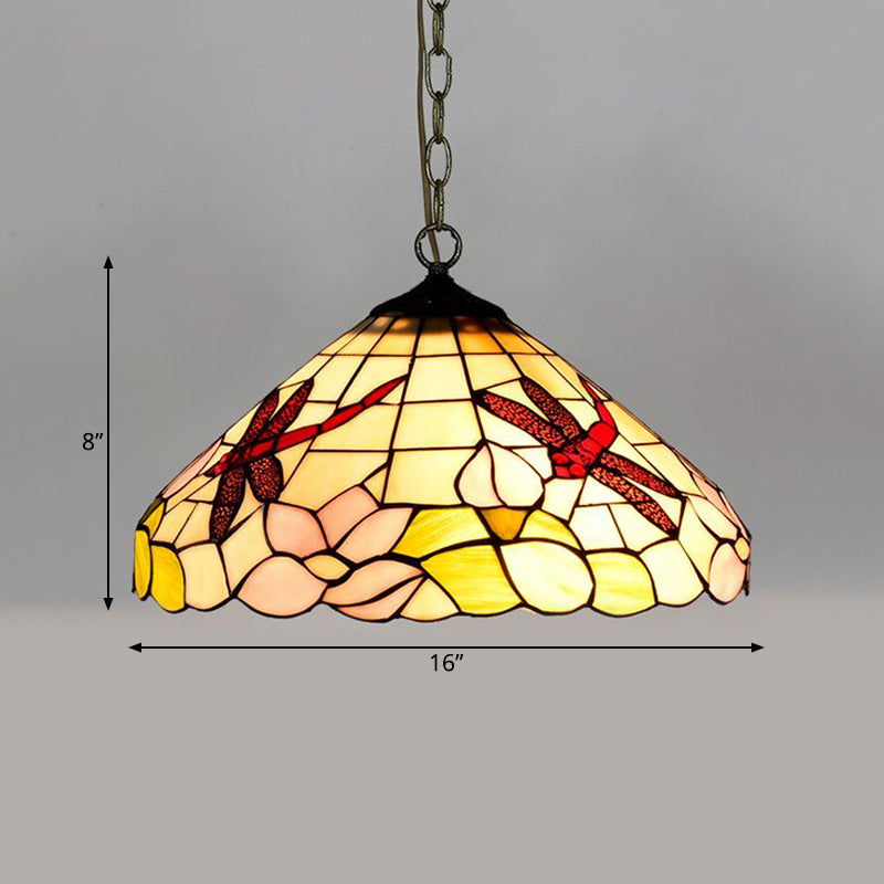 Flower/Cone Hanging Light Fixture 1 Light Stained Glass Mediterranean Pendant Lamp in Black Clearhalo 'Ceiling Lights' 'Close To Ceiling Lights' 'Industrial' 'Middle Century Pendants' 'Pendant Lights' 'Pendants' 'Tiffany close to ceiling' 'Tiffany Pendants' 'Tiffany' Lighting' 297439