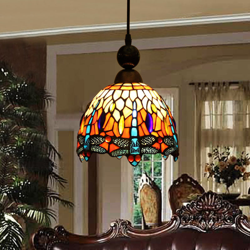 1 Light Pendant Light Mediterranean Dragonfly Cut Glass Hanging Lamp Kit in Black/Red/Yellow for Corridor Red Clearhalo 'Ceiling Lights' 'Close To Ceiling Lights' 'Industrial' 'Middle Century Pendants' 'Pendant Lights' 'Pendants' 'Tiffany close to ceiling' 'Tiffany Pendants' 'Tiffany' Lighting' 297477