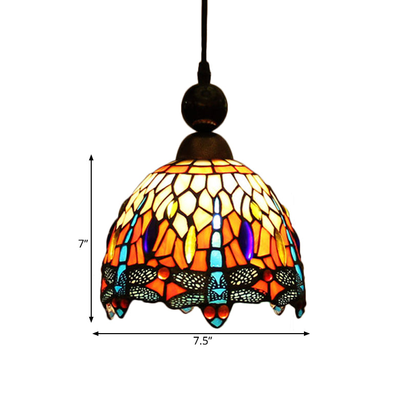 1 Light Pendant Light Mediterranean Dragonfly Cut Glass Hanging Lamp Kit in Black/Red/Yellow for Corridor Clearhalo 'Ceiling Lights' 'Close To Ceiling Lights' 'Industrial' 'Middle Century Pendants' 'Pendant Lights' 'Pendants' 'Tiffany close to ceiling' 'Tiffany Pendants' 'Tiffany' Lighting' 297479
