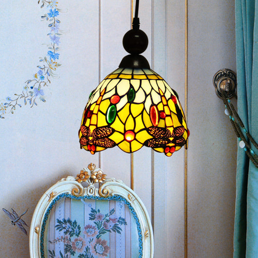 1 Light Pendant Light Mediterranean Dragonfly Cut Glass Hanging Lamp Kit in Black/Red/Yellow for Corridor Black Clearhalo 'Ceiling Lights' 'Close To Ceiling Lights' 'Industrial' 'Middle Century Pendants' 'Pendant Lights' 'Pendants' 'Tiffany close to ceiling' 'Tiffany Pendants' 'Tiffany' Lighting' 297480