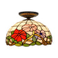 Tiffany Peony Flush Mount Lamp 1 Bulb Stained Glass Close to Ceiling Lighting Fixture in Bronze, 12"/16" Wide Clearhalo 'Ceiling Lights' 'Close To Ceiling Lights' 'Close to ceiling' 'Flush mount' Lighting' 297490