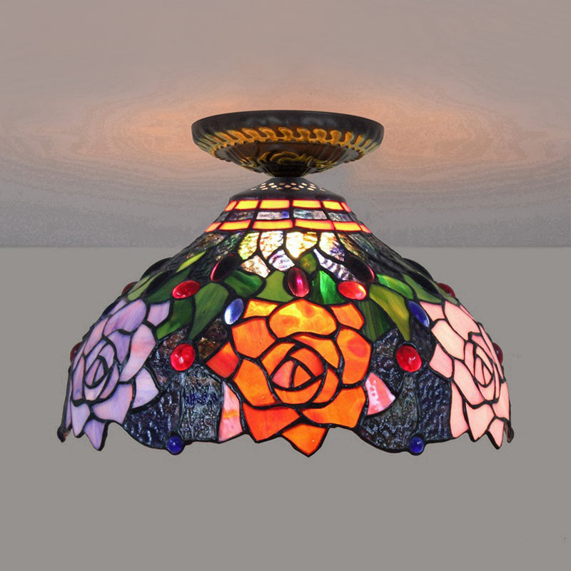 Rose Metal Ceiling Flush Mount Tiffany 12"/16" W 1 Head Brass Flush Mount Light Fixture Clearhalo 'Ceiling Lights' 'Close To Ceiling Lights' 'Close to ceiling' 'Flush mount' Lighting' 297509