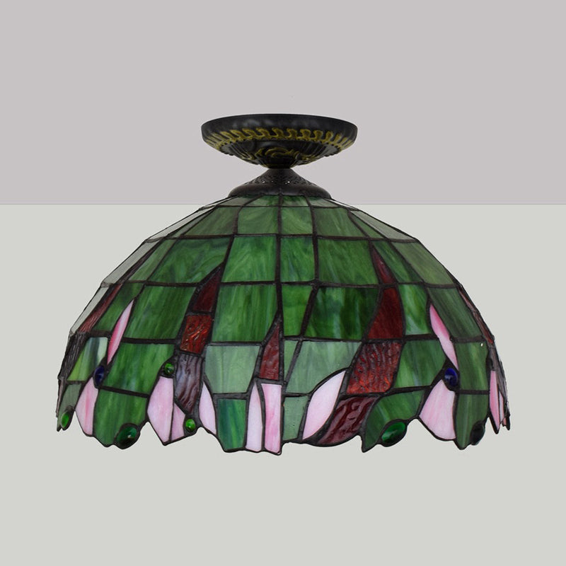 Hand Cut Glass Brass Ceiling Mount Bowl Single Bulb Tiffany-Style Flush Mount Ceiling Light Clearhalo 'Ceiling Lights' 'Close To Ceiling Lights' 'Close to ceiling' 'Flush mount' Lighting' 297519