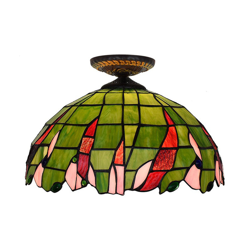 Hand Cut Glass Brass Ceiling Mount Bowl Single Bulb Tiffany-Style Flush Mount Ceiling Light Clearhalo 'Ceiling Lights' 'Close To Ceiling Lights' 'Close to ceiling' 'Flush mount' Lighting' 297520