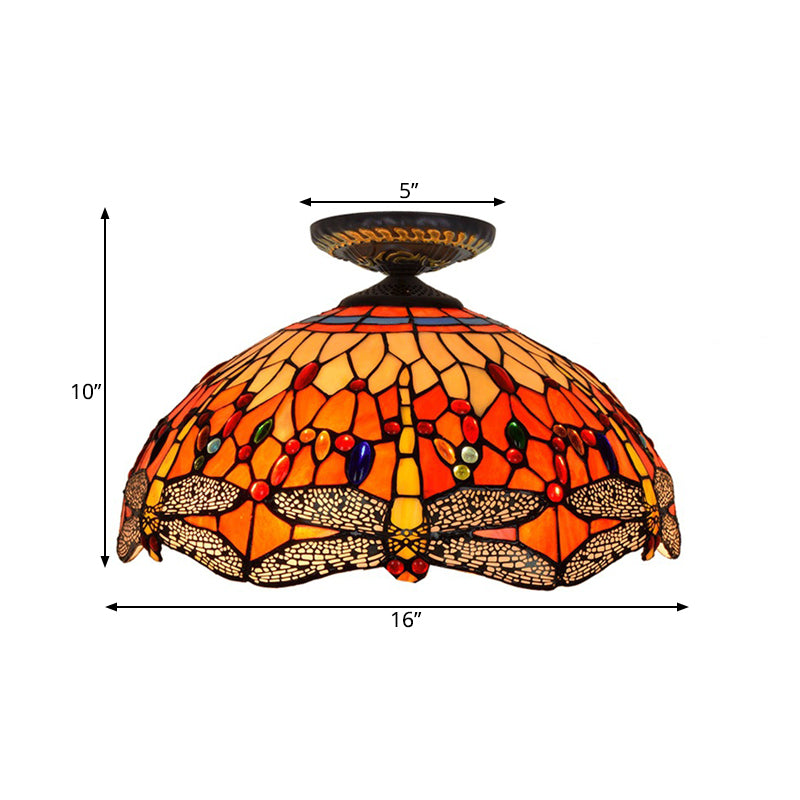 Dragonfly Cut Glass Ceiling Lamp Tiffany-Style 1 Head Brass Flush Mount Light Fixture, 16"/18" Width Clearhalo 'Ceiling Lights' 'Close To Ceiling Lights' 'Close to ceiling' 'Flush mount' Lighting' 297553