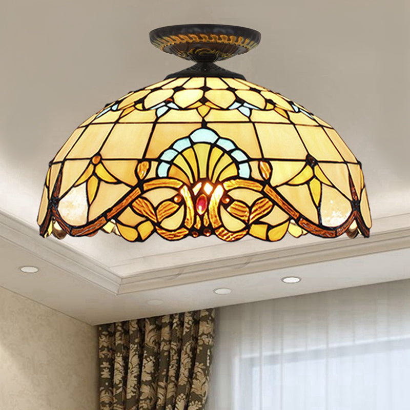 Yellow/Blue 1 Bulb Flush Mount Lighting Tiffany Hand Rolled Art Glass Floral Close to Ceiling Light, 12"/16" W Yellow 16" Clearhalo 'Ceiling Lights' 'Close To Ceiling Lights' 'Close to ceiling' 'Flush mount' Lighting' 297558