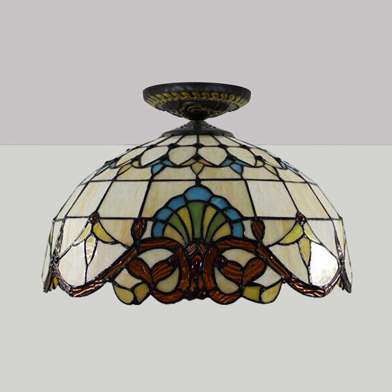Yellow/Blue 1 Bulb Flush Mount Lighting Tiffany Hand Rolled Art Glass Floral Close to Ceiling Light, 12"/16" W Clearhalo 'Ceiling Lights' 'Close To Ceiling Lights' 'Close to ceiling' 'Flush mount' Lighting' 297559