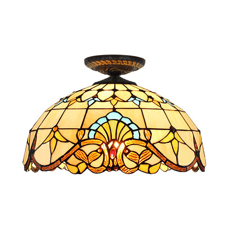 Yellow/Blue 1 Bulb Flush Mount Lighting Tiffany Hand Rolled Art Glass Floral Close to Ceiling Light, 12"/16" W Clearhalo 'Ceiling Lights' 'Close To Ceiling Lights' 'Close to ceiling' 'Flush mount' Lighting' 297560