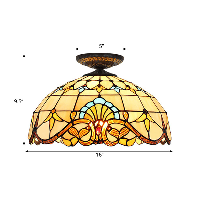 Yellow/Blue 1 Bulb Flush Mount Lighting Tiffany Hand Rolled Art Glass Floral Close to Ceiling Light, 12"/16" W Clearhalo 'Ceiling Lights' 'Close To Ceiling Lights' 'Close to ceiling' 'Flush mount' Lighting' 297561