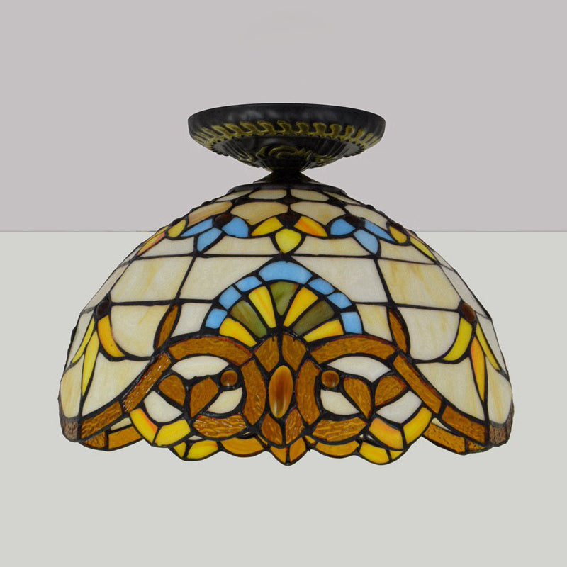 Yellow/Blue 1 Bulb Flush Mount Lighting Tiffany Hand Rolled Art Glass Floral Close to Ceiling Light, 12"/16" W Clearhalo 'Ceiling Lights' 'Close To Ceiling Lights' 'Close to ceiling' 'Flush mount' Lighting' 297564