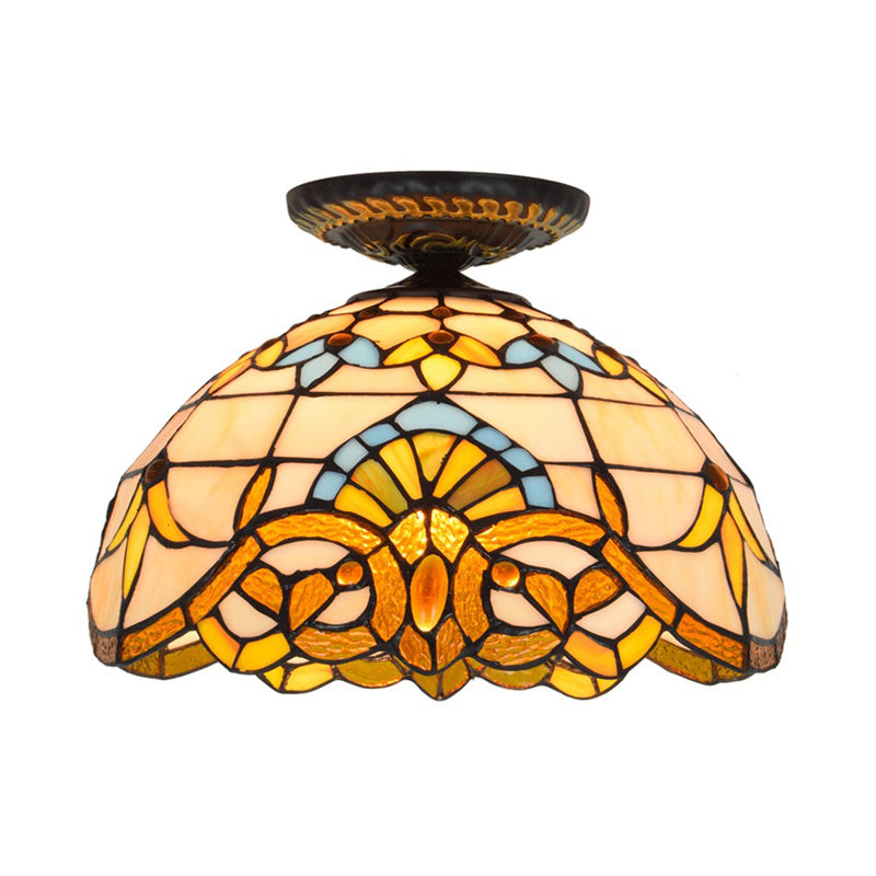 Yellow/Blue 1 Bulb Flush Mount Lighting Tiffany Hand Rolled Art Glass Floral Close to Ceiling Light, 12"/16" W Clearhalo 'Ceiling Lights' 'Close To Ceiling Lights' 'Close to ceiling' 'Flush mount' Lighting' 297565