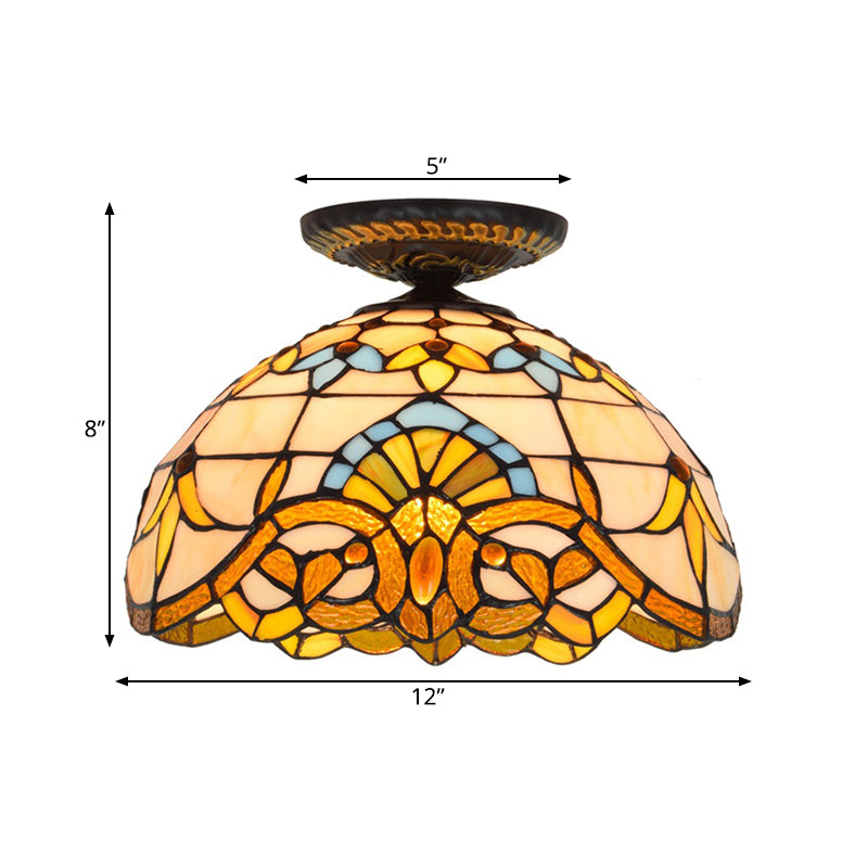 Yellow/Blue 1 Bulb Flush Mount Lighting Tiffany Hand Rolled Art Glass Floral Close to Ceiling Light, 12"/16" W Clearhalo 'Ceiling Lights' 'Close To Ceiling Lights' 'Close to ceiling' 'Flush mount' Lighting' 297566
