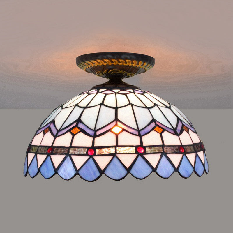 Yellow/Blue 1 Bulb Flush Mount Lighting Tiffany Hand Rolled Art Glass Floral Close to Ceiling Light, 12"/16" W Blue 16" Clearhalo 'Ceiling Lights' 'Close To Ceiling Lights' 'Close to ceiling' 'Flush mount' Lighting' 297567