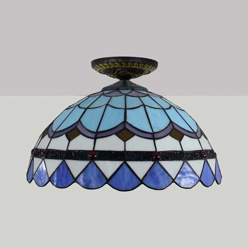 Yellow/Blue 1 Bulb Flush Mount Lighting Tiffany Hand Rolled Art Glass Floral Close to Ceiling Light, 12"/16" W Clearhalo 'Ceiling Lights' 'Close To Ceiling Lights' 'Close to ceiling' 'Flush mount' Lighting' 297568