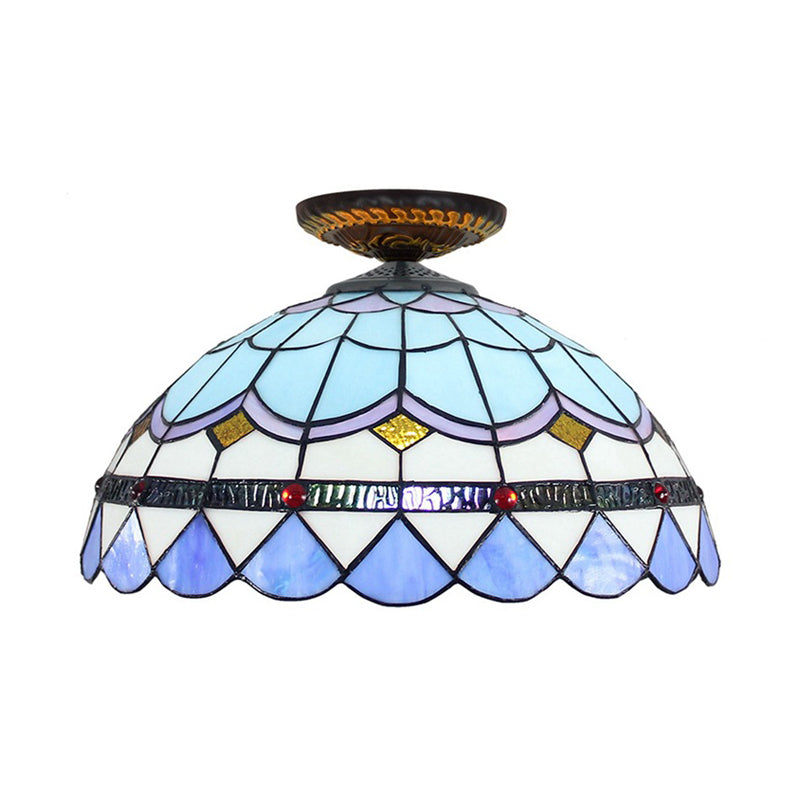 Yellow/Blue 1 Bulb Flush Mount Lighting Tiffany Hand Rolled Art Glass Floral Close to Ceiling Light, 12"/16" W Clearhalo 'Ceiling Lights' 'Close To Ceiling Lights' 'Close to ceiling' 'Flush mount' Lighting' 297569