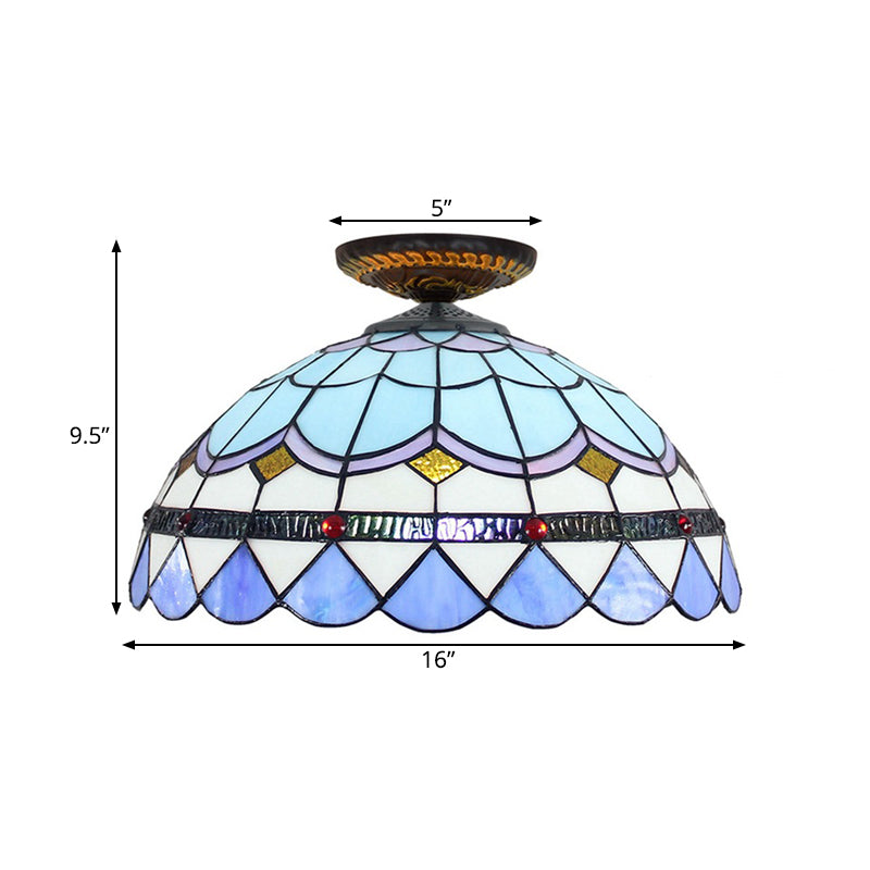 Yellow/Blue 1 Bulb Flush Mount Lighting Tiffany Hand Rolled Art Glass Floral Close to Ceiling Light, 12"/16" W Clearhalo 'Ceiling Lights' 'Close To Ceiling Lights' 'Close to ceiling' 'Flush mount' Lighting' 297570