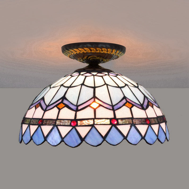 Yellow/Blue 1 Bulb Flush Mount Lighting Tiffany Hand Rolled Art Glass Floral Close to Ceiling Light, 12"/16" W Blue 12" Clearhalo 'Ceiling Lights' 'Close To Ceiling Lights' 'Close to ceiling' 'Flush mount' Lighting' 297571