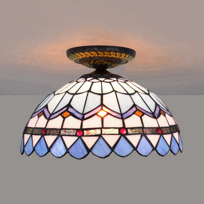 Yellow/Blue 1 Bulb Flush Mount Lighting Tiffany Hand Rolled Art Glass Floral Close to Ceiling Light, 12"/16" W Blue 12" Clearhalo 'Ceiling Lights' 'Close To Ceiling Lights' 'Close to ceiling' 'Flush mount' Lighting' 297571