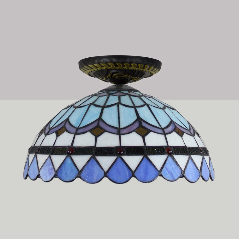Yellow/Blue 1 Bulb Flush Mount Lighting Tiffany Hand Rolled Art Glass Floral Close to Ceiling Light, 12"/16" W Clearhalo 'Ceiling Lights' 'Close To Ceiling Lights' 'Close to ceiling' 'Flush mount' Lighting' 297572