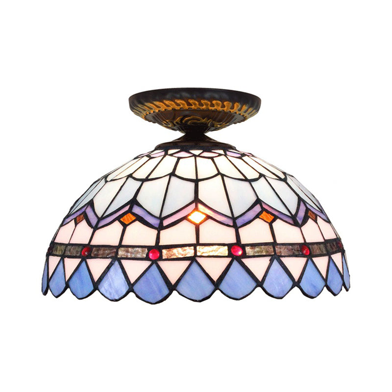 Yellow/Blue 1 Bulb Flush Mount Lighting Tiffany Hand Rolled Art Glass Floral Close to Ceiling Light, 12"/16" W Clearhalo 'Ceiling Lights' 'Close To Ceiling Lights' 'Close to ceiling' 'Flush mount' Lighting' 297573