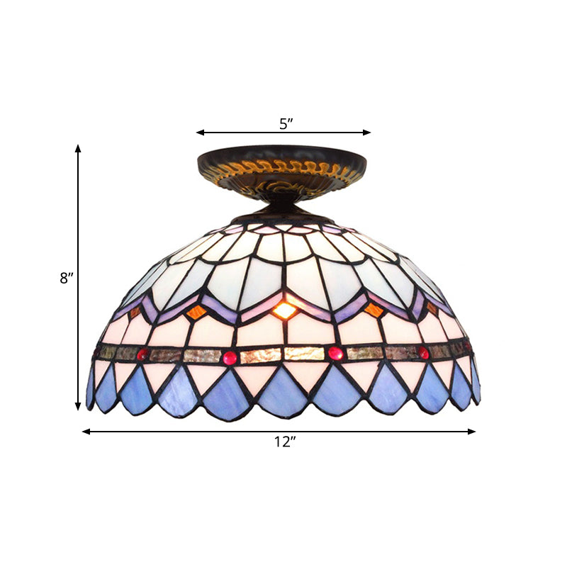 Yellow/Blue 1 Bulb Flush Mount Lighting Tiffany Hand Rolled Art Glass Floral Close to Ceiling Light, 12"/16" W Clearhalo 'Ceiling Lights' 'Close To Ceiling Lights' 'Close to ceiling' 'Flush mount' Lighting' 297574