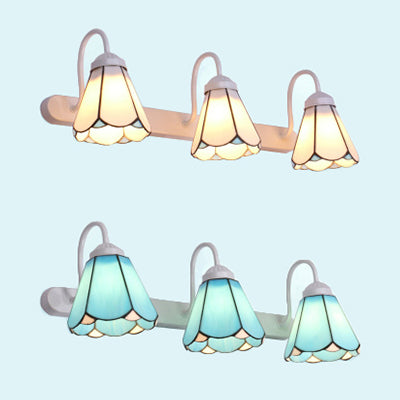 3 Head Wall Sconce Light Tiffany Conical White/Blue Glass Vanity Light Fixture for Bathroom Clearhalo 'Industrial' 'Middle century wall lights' 'Tiffany wall lights' 'Tiffany' 'Wall Lamps & Sconces' 'Wall Lights' Lighting' 29766
