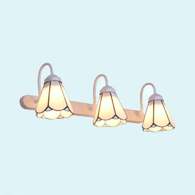 3 Head Wall Sconce Light Tiffany Conical White/Blue Glass Vanity Light Fixture for Bathroom White Clearhalo 'Industrial' 'Middle century wall lights' 'Tiffany wall lights' 'Tiffany' 'Wall Lamps & Sconces' 'Wall Lights' Lighting' 29768