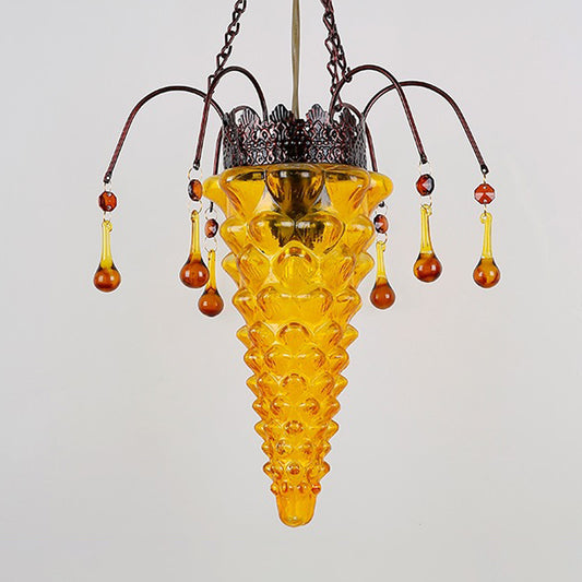 Textured Glass Conical Ceiling Pendant Light Vintage 1 Light Red/Yellow/Blue Dining Room Suspension Lighting Fixture Yellow Clearhalo 'Ceiling Lights' 'Glass shade' 'Glass' 'Pendant Lights' 'Pendants' Lighting' 297805