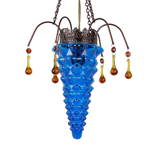 Textured Glass Conical Ceiling Pendant Light Vintage 1 Light Red/Yellow/Blue Dining Room Suspension Lighting Fixture Blue Clearhalo 'Ceiling Lights' 'Glass shade' 'Glass' 'Pendant Lights' 'Pendants' Lighting' 297806
