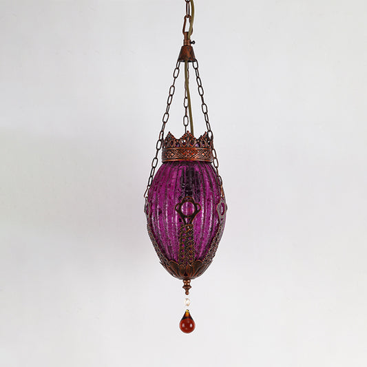 Moroccan Oval Pendant Light Fixture 1 Light Red/Yellow/Blue Textured Glass Suspension Lamp for Dining Room Purple Clearhalo 'Ceiling Lights' 'Glass shade' 'Glass' 'Pendant Lights' 'Pendants' Lighting' 297810