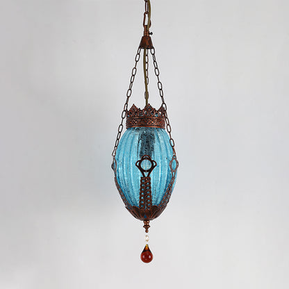 Moroccan Oval Pendant Light Fixture 1 Light Red/Yellow/Blue Textured Glass Suspension Lamp for Dining Room Blue Clearhalo 'Ceiling Lights' 'Glass shade' 'Glass' 'Pendant Lights' 'Pendants' Lighting' 297812